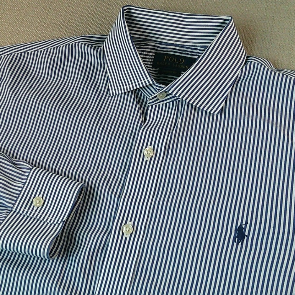 Polo Ralph Lauren Button Down Shirt Mens L 17 34/35 Blue White Striped Classic